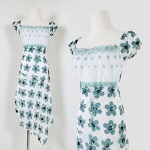 Floral lace midi dress peasant milkmaid top mesh sheer flowers sequins